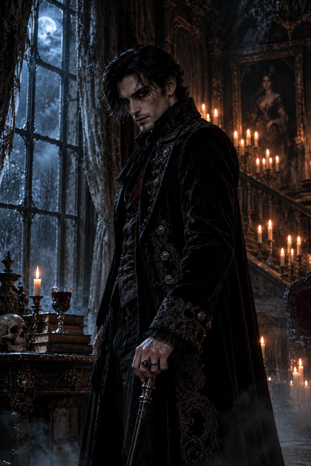 Gothic horror villain standing inside an old mansion with candlelight
