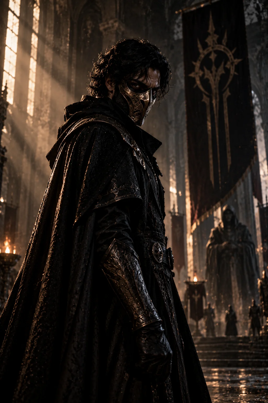 Mysterious masked villain in a dark room with dramatic cinematic lighting