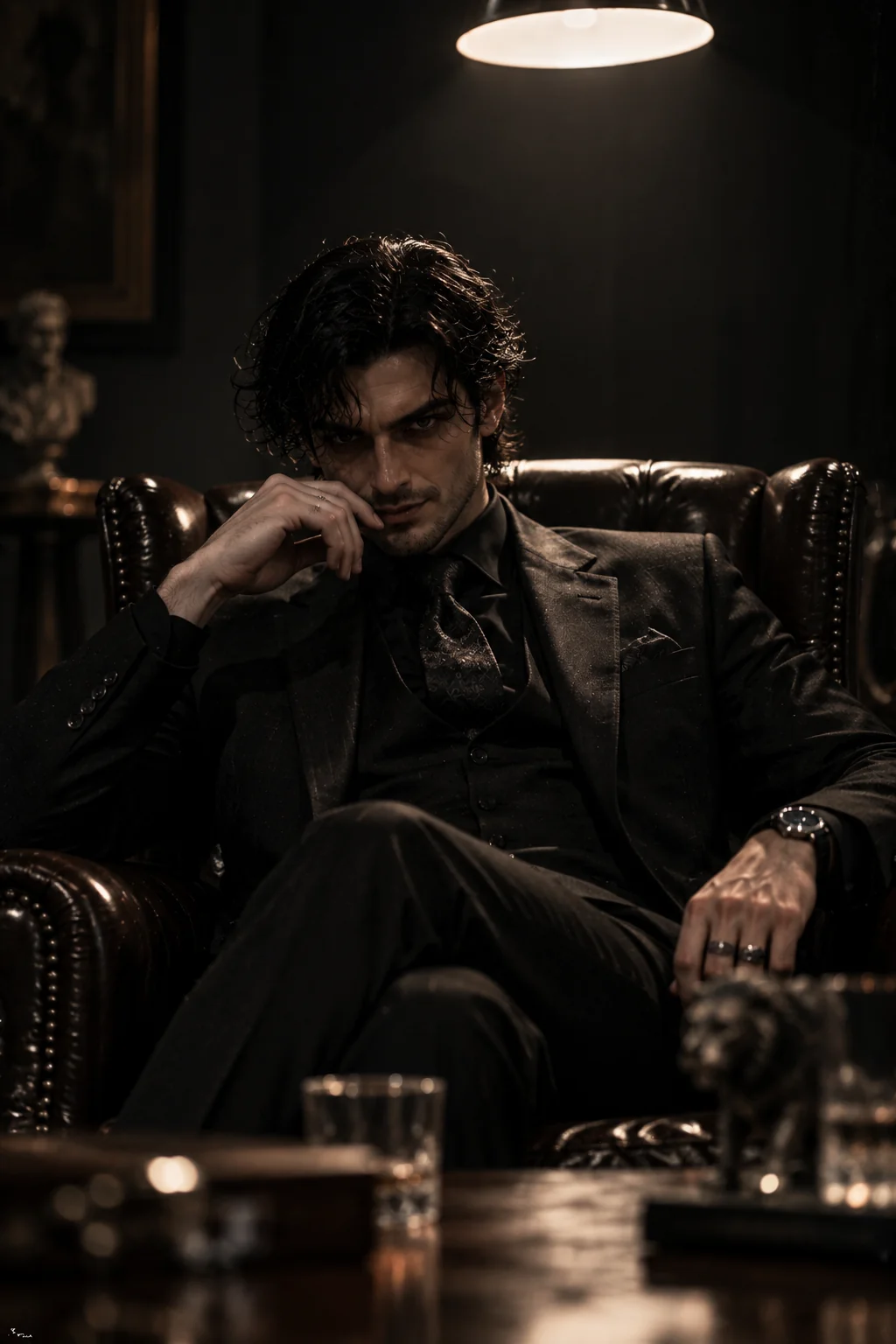 Psychological thriller villain portrait with intense expression and moody lighting