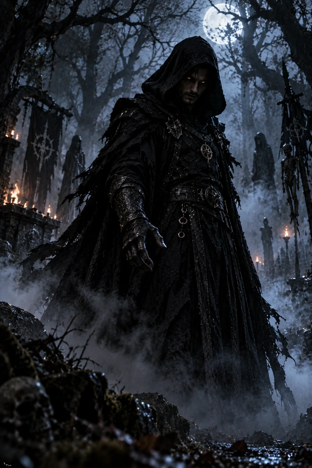 Supernatural shadow villain surrounded by mist and dark atmospheric energy