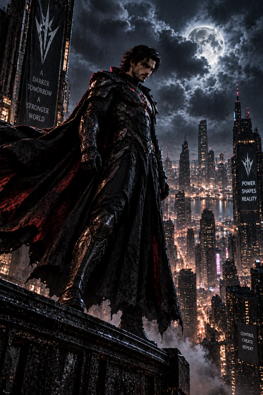 Powerful supervillain standing on a city rooftop at night
