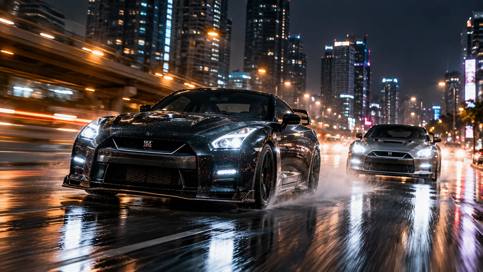 Sports cars moving through a cinematic city road chase scene