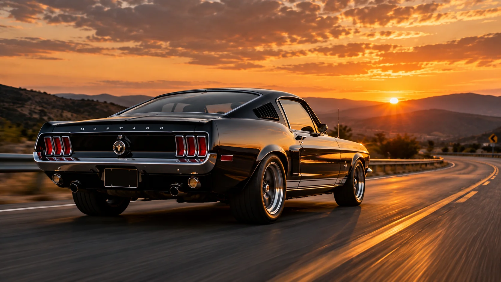 Classic muscle car driving along an open American highway at sunset