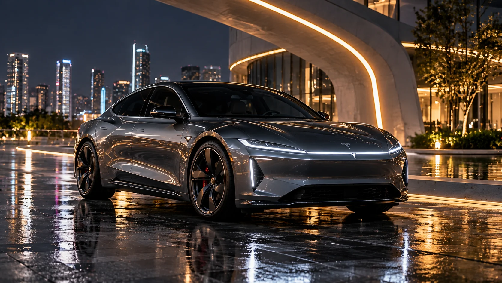 Futuristic electric car in a modern city with cinematic architectural lighting