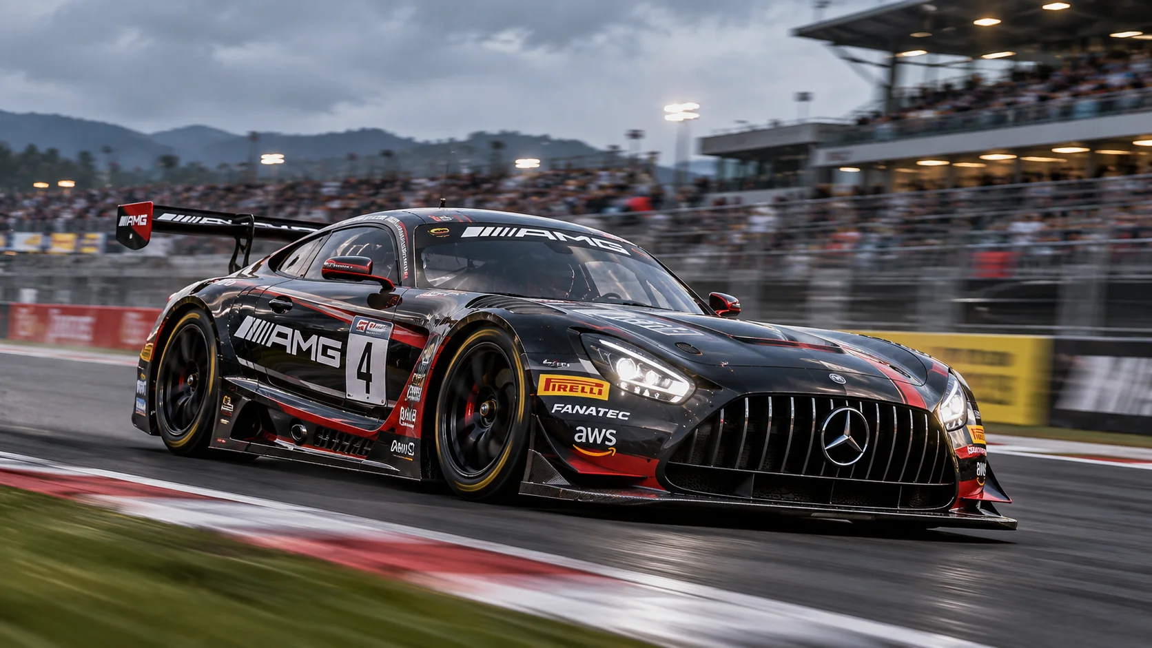 High-performance race car captured during a high-speed track action shot