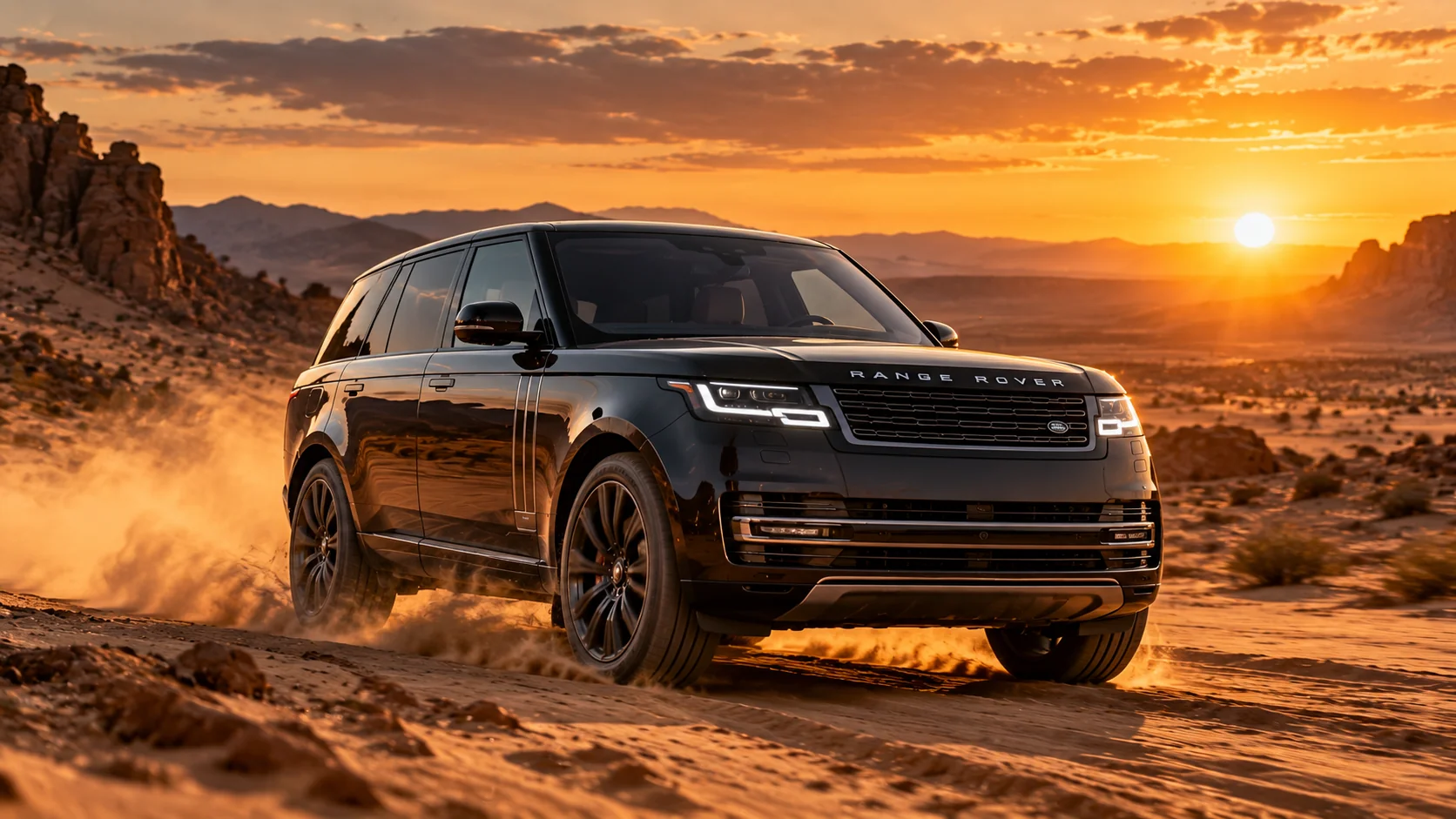 Luxury SUV driving across a desert landscape during warm sunset light