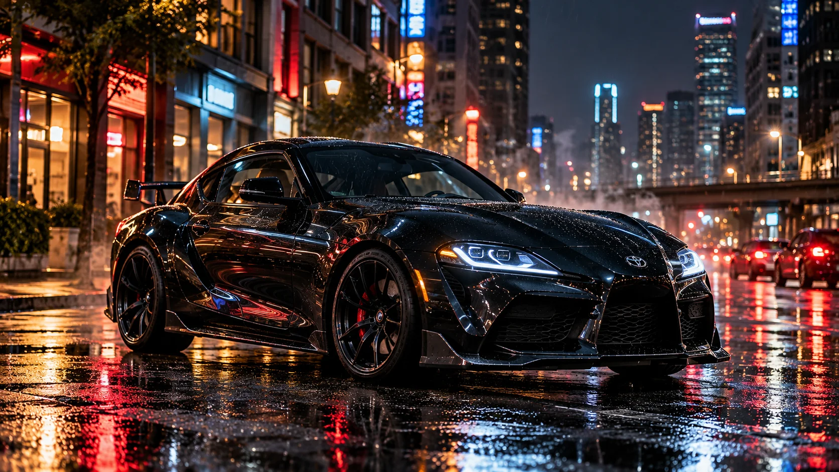 Sports car on a wet neon-lit city street at night