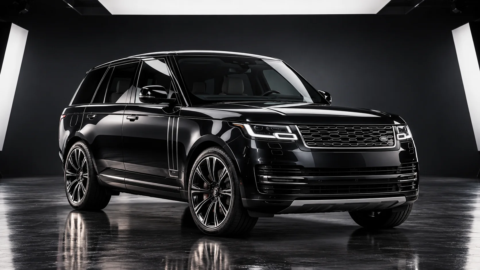 Luxury vehicle photographed in a dark professional automotive studio