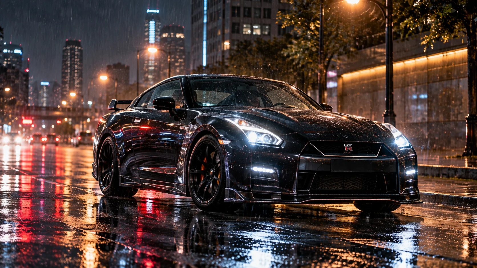 Luxury sports car photographed in heavy rain at night with realistic reflections