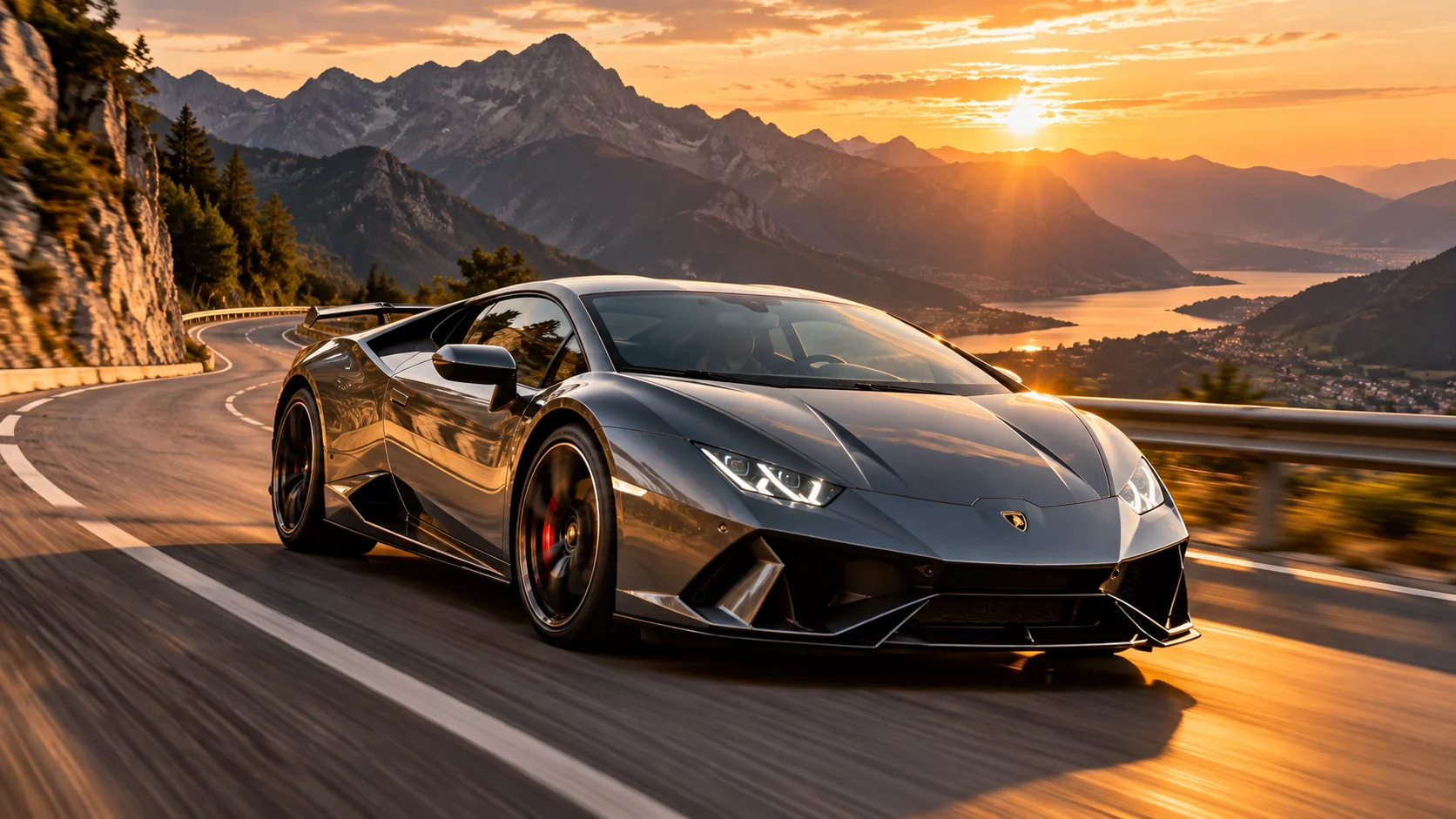 Supercar driving on a scenic mountain road during golden hour