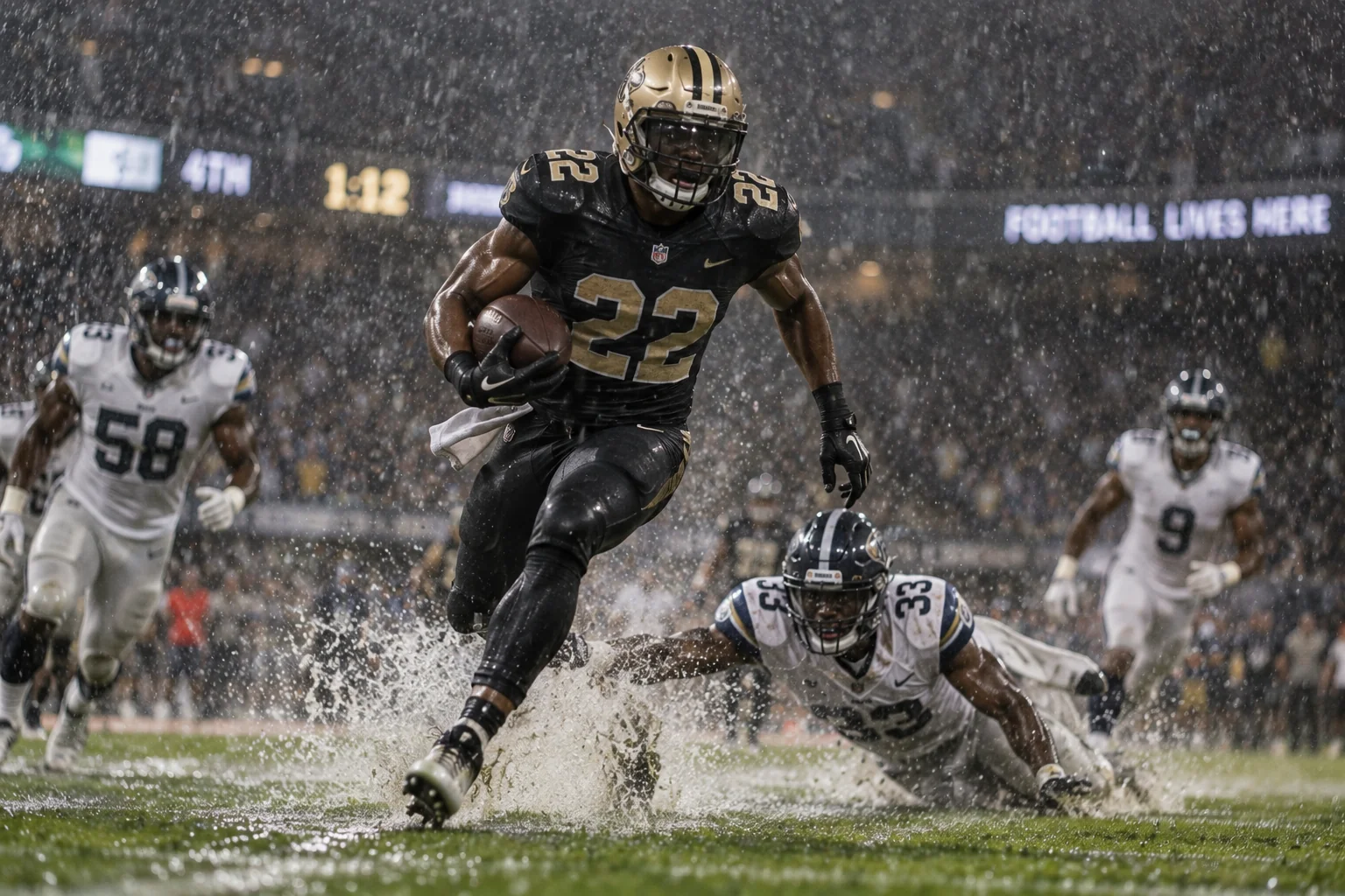 American football player making a dramatic play during a rainy professional game