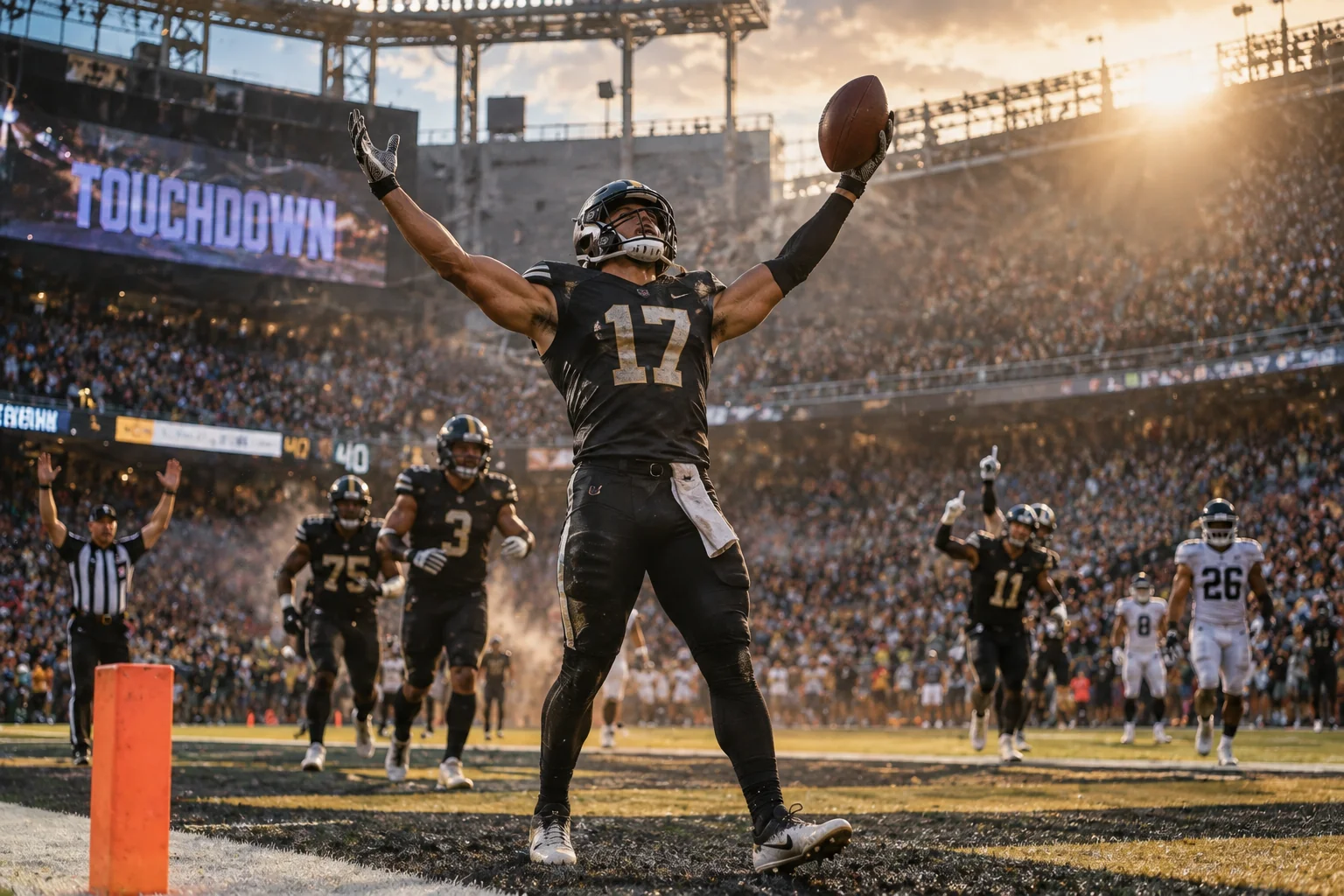 American football player celebrating a touchdown in a professional stadium