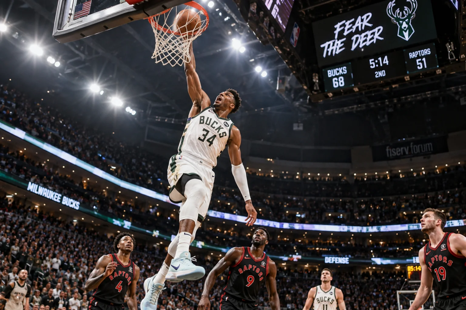 Photorealistic basketball player performing a powerful dunk in a packed indoor arena