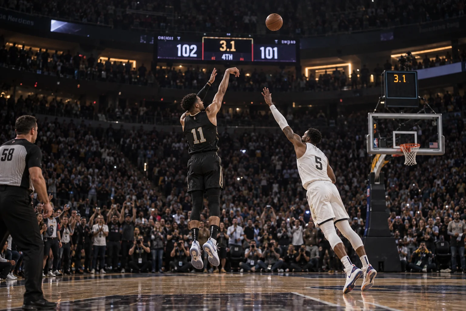 Basketball player taking a dramatic game-winning shot as the clock expires