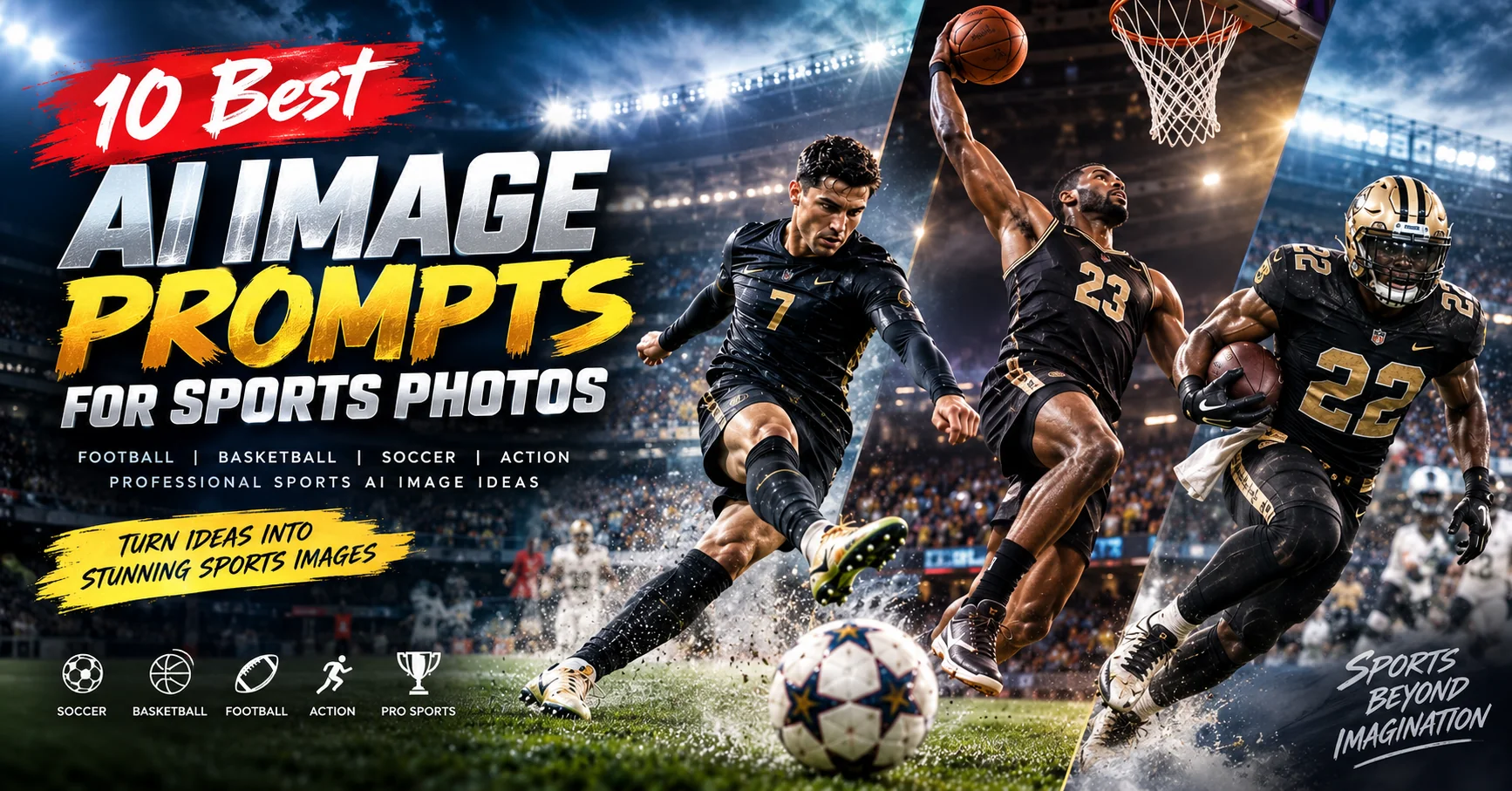 AI generated sports photography collage featuring football, basketball, soccer and professional athletes in dramatic action