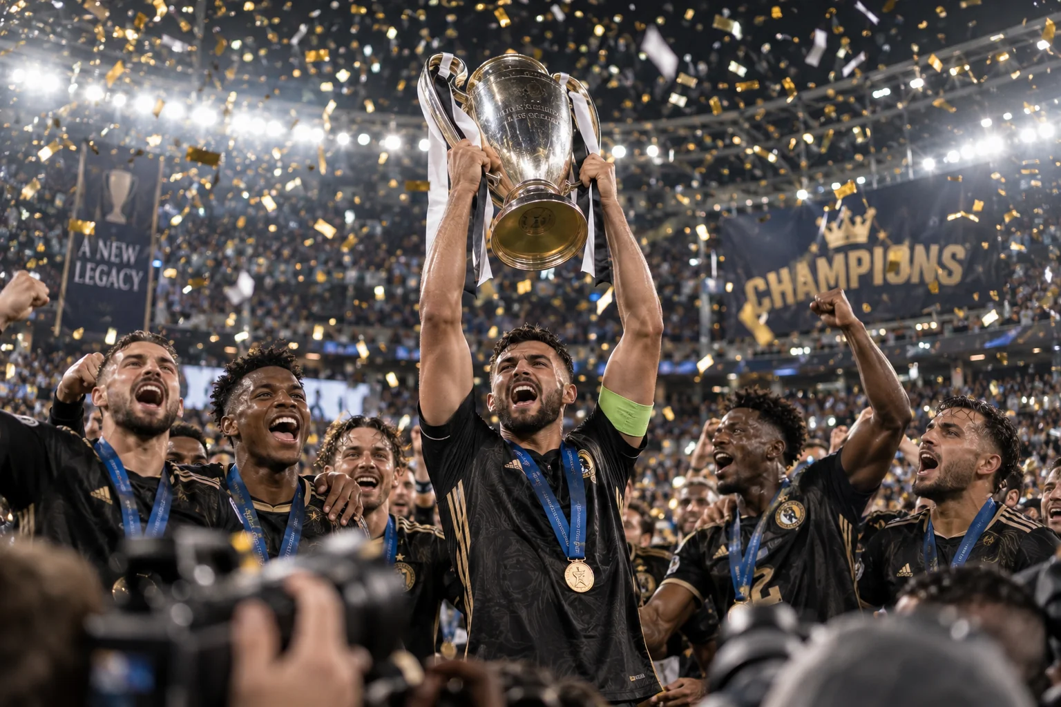 Professional sports team celebrating a championship victory with confetti in a stadium