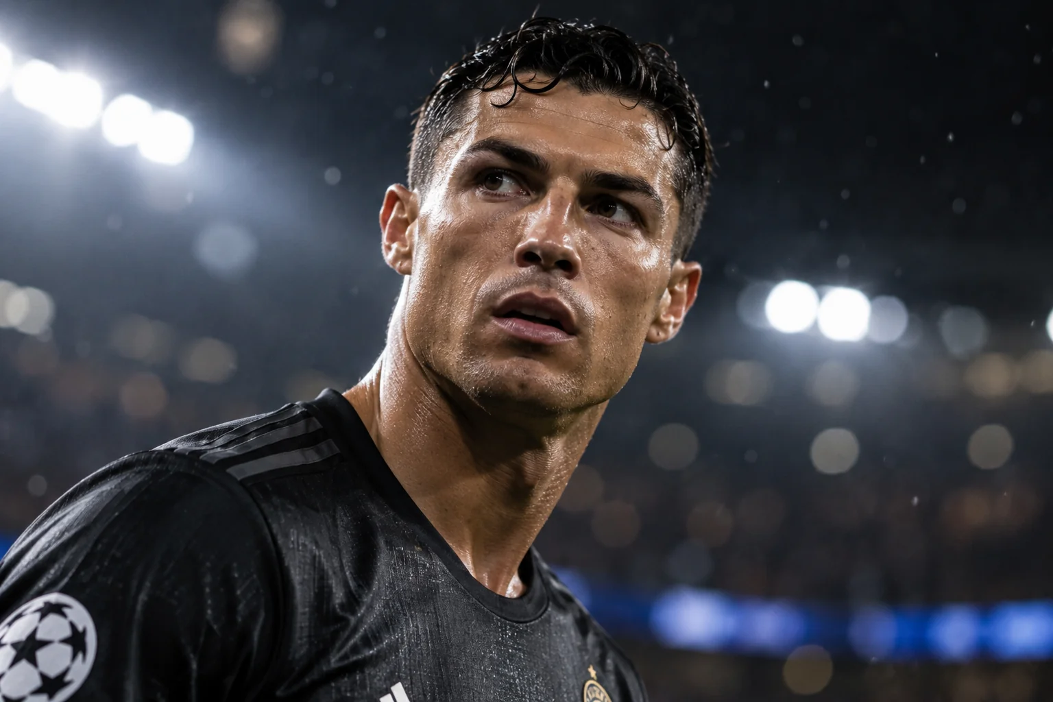 Close-up photorealistic portrait of an intense athlete during a professional sports game
