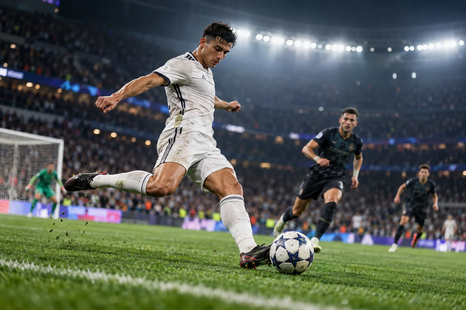 Photorealistic soccer player taking a powerful shot under dramatic stadium lights