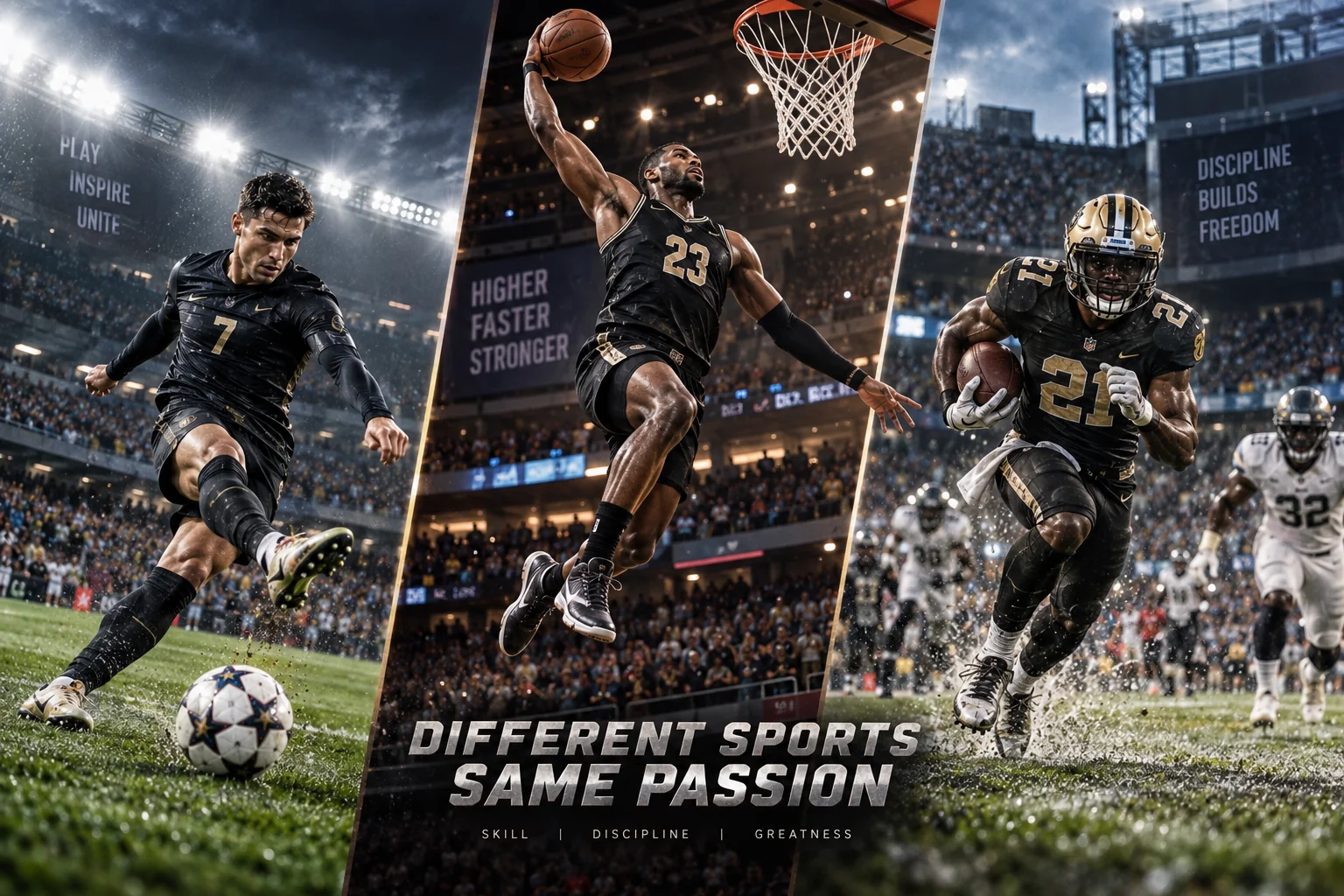 Cinematic professional sports collage featuring soccer basketball and American football athletes