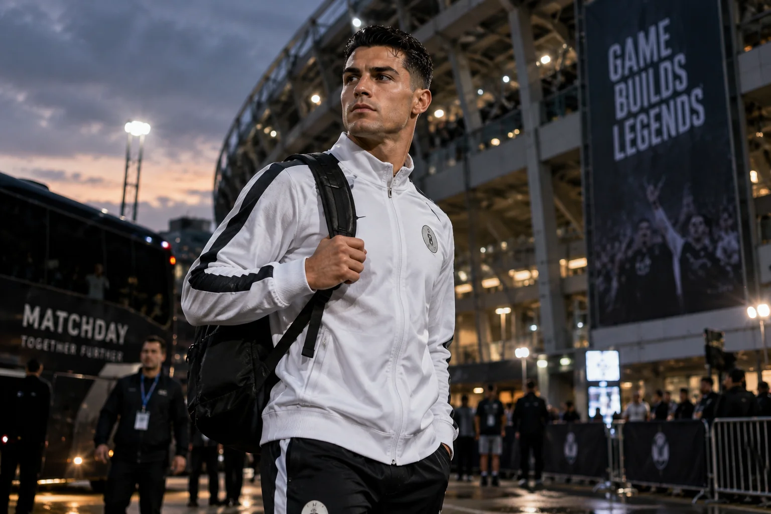 Professional athlete portrait photographed beside a stadium before a major game