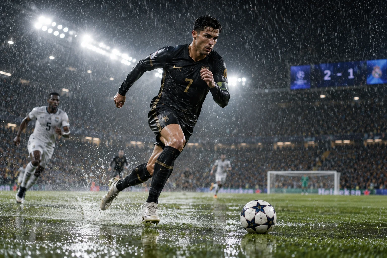 Cinematic soccer player sprinting through heavy rain during a night match