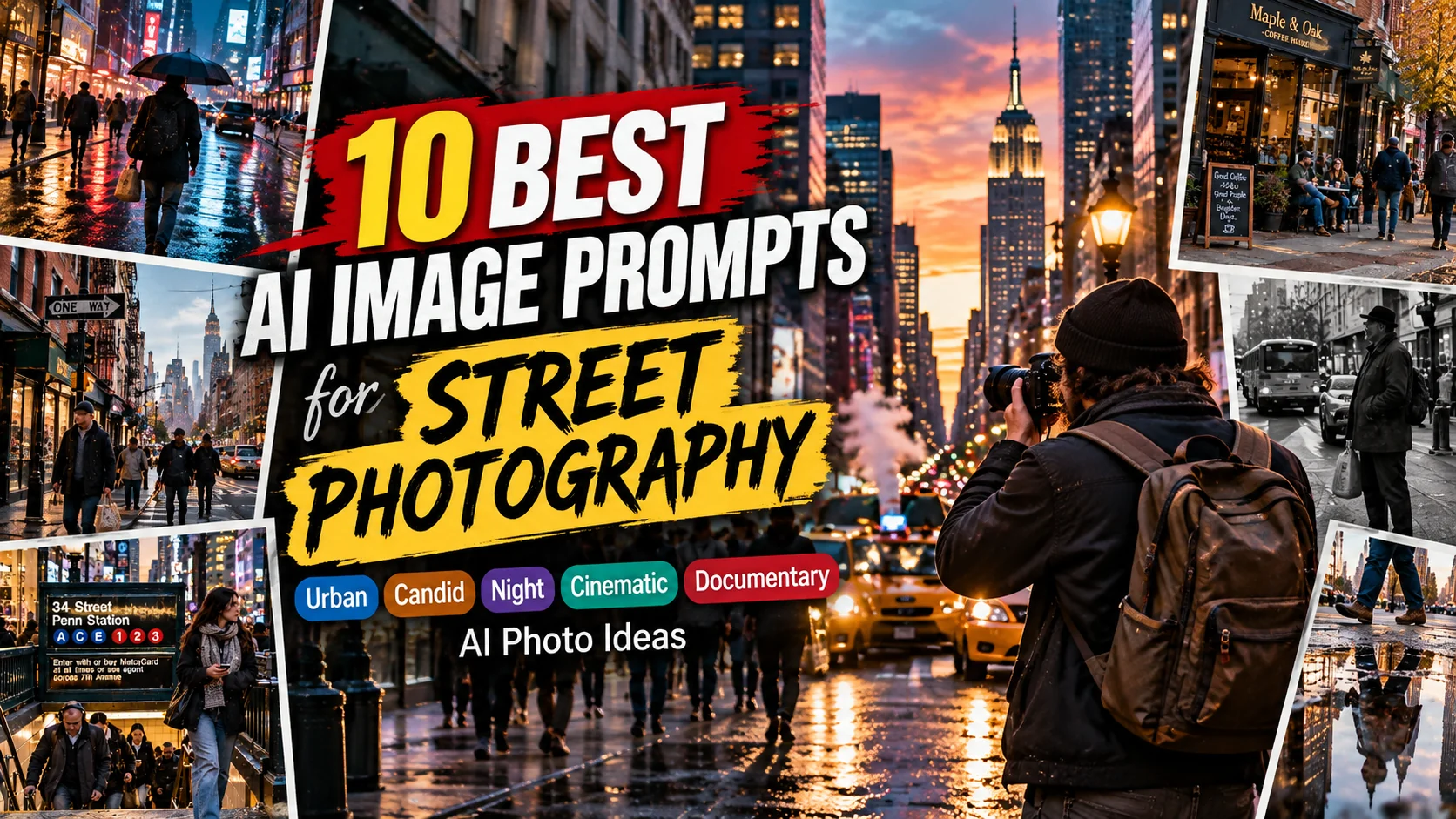 AI street photography showing a candid urban city scene with cinematic lighting