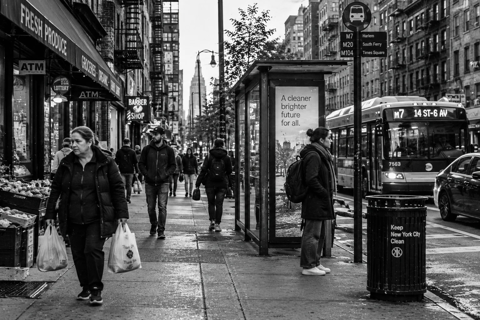 Black and white documentary street photography scene in an urban neighborhood