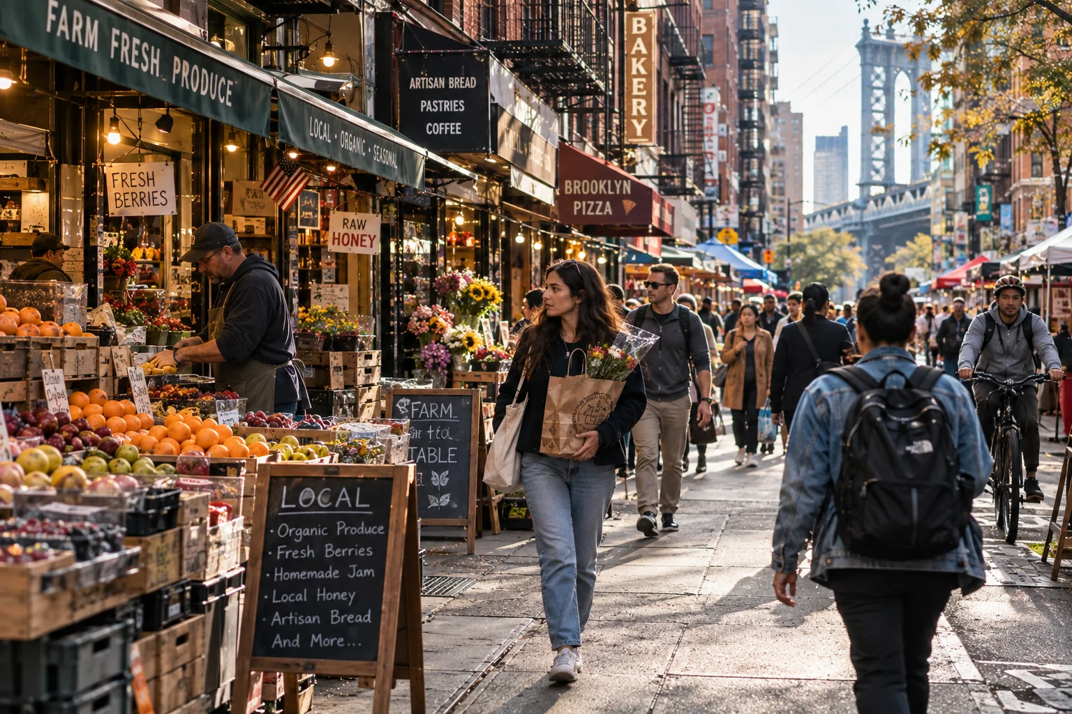 Busy urban market street with candid pedestrians and documentary photography style