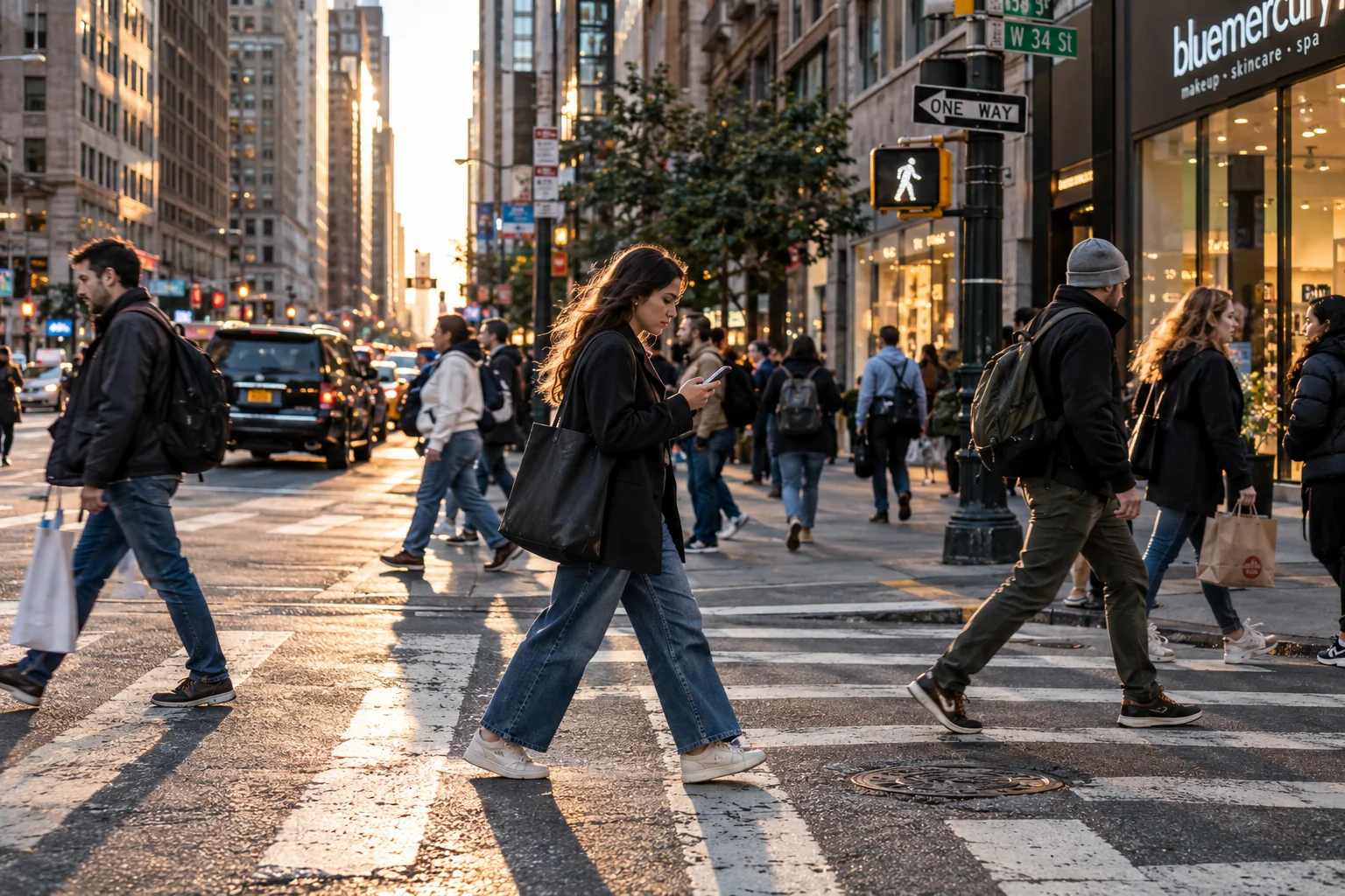 Candid downtown crosswalk street photography created with an AI image prompt