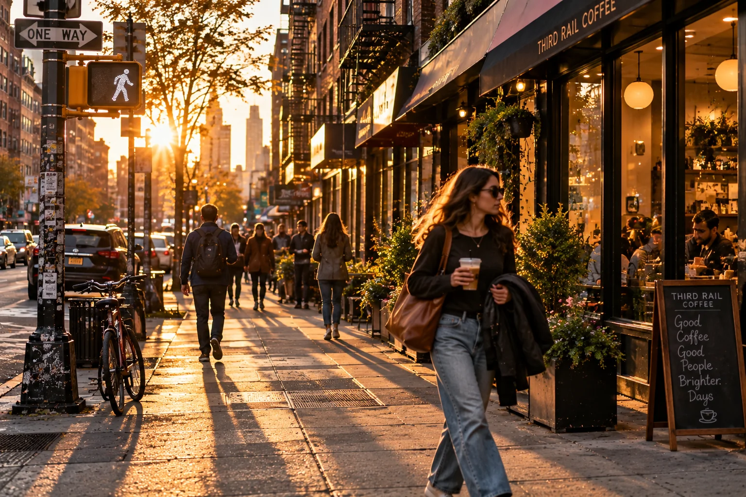 Golden hour urban street photography with warm sunlight and candid movement