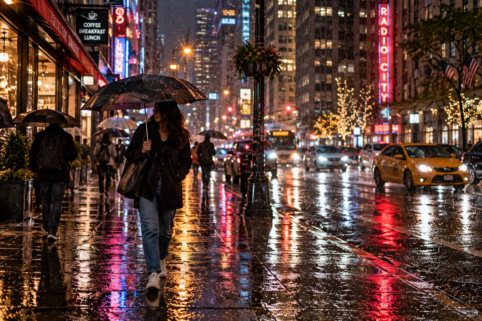 Cinematic rainy night street photography with neon reflections