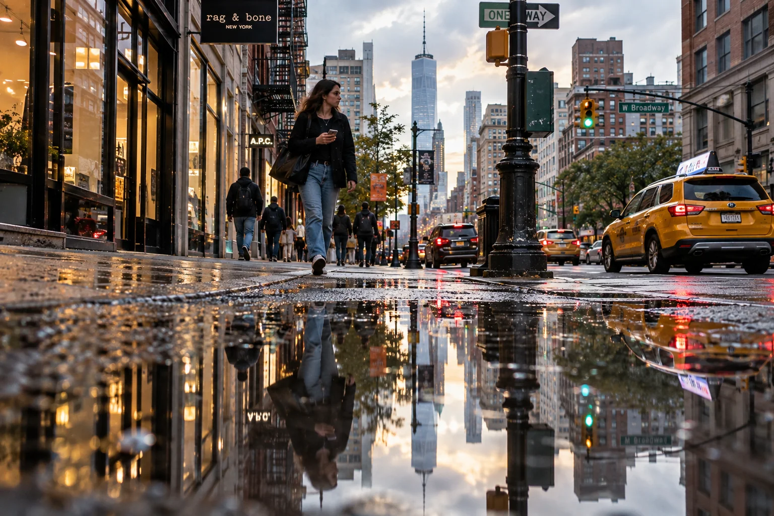 Creative urban street photography using puddle reflections after rainfall