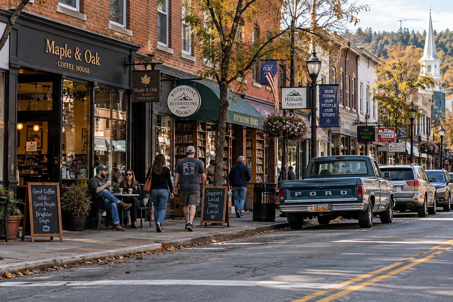 Small-town American main street photographed in realistic documentary style