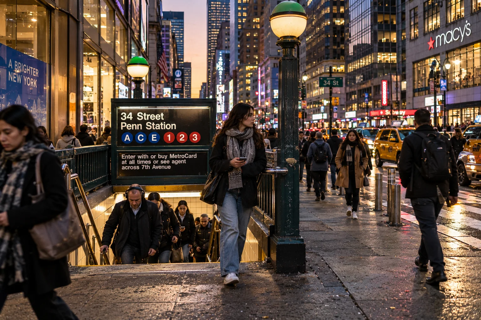 Candid urban street photograph outside a subway entrance with motion blur