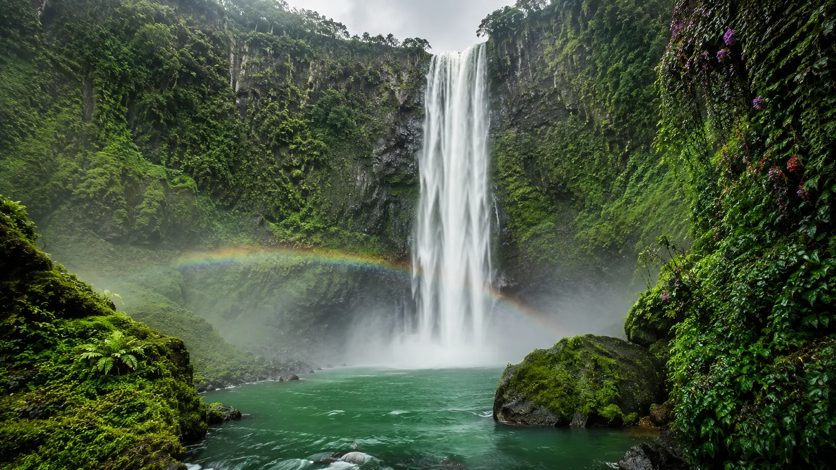 Dramatic waterfall in lush green valley AI landscape prompt — 4K nature scene