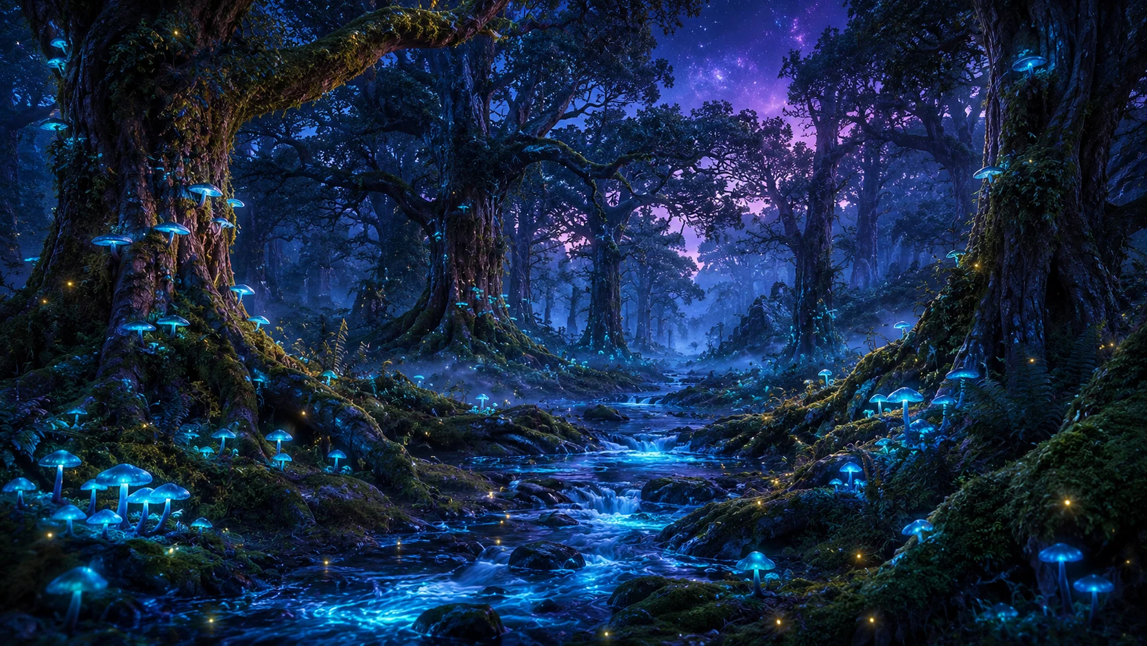 Enchanted forest with bioluminescence AI landscape prompt — 4K magical nature scene