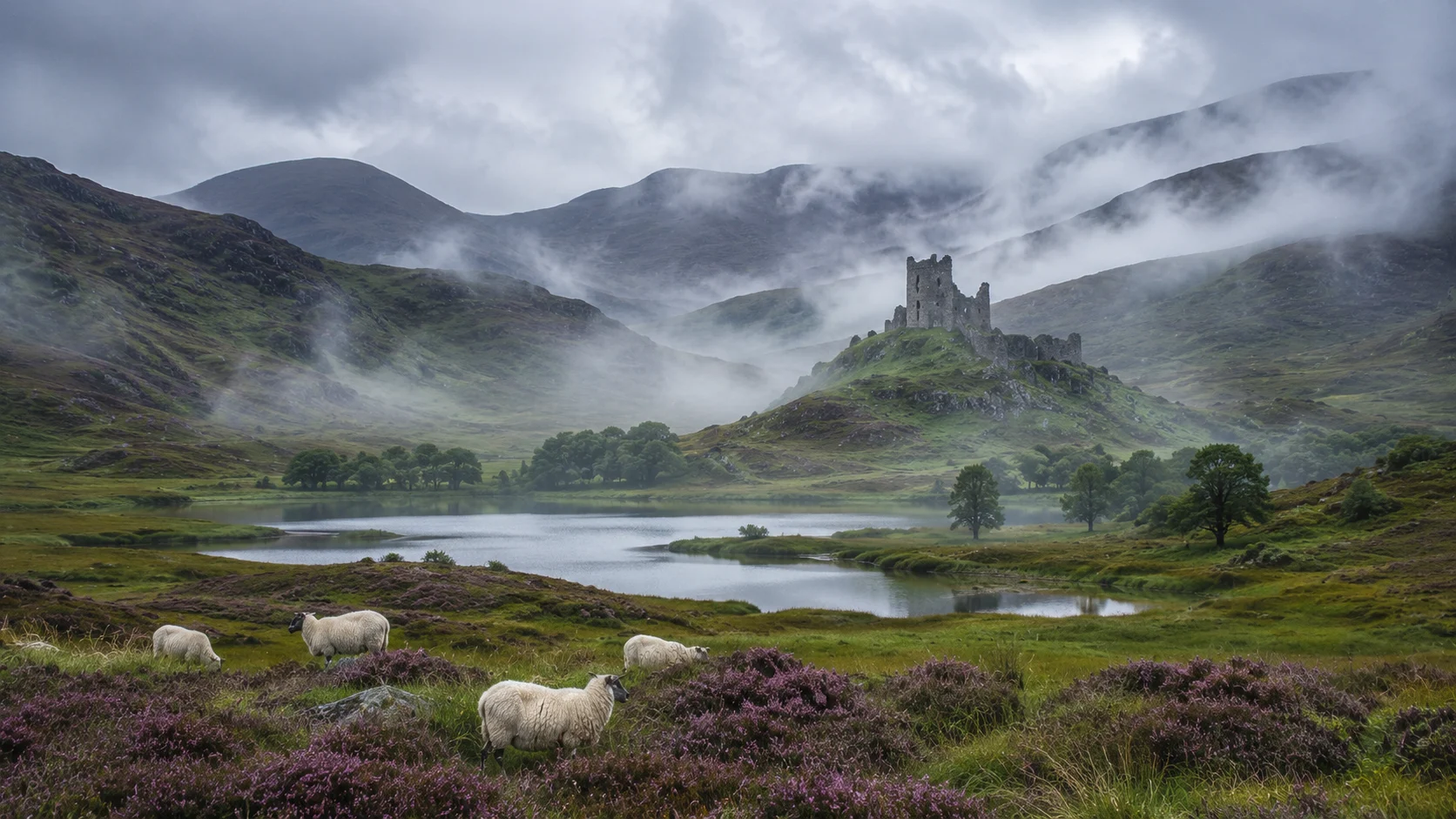 Foggy Scottish Highlands AI landscape prompt — 4K moody moor scenery