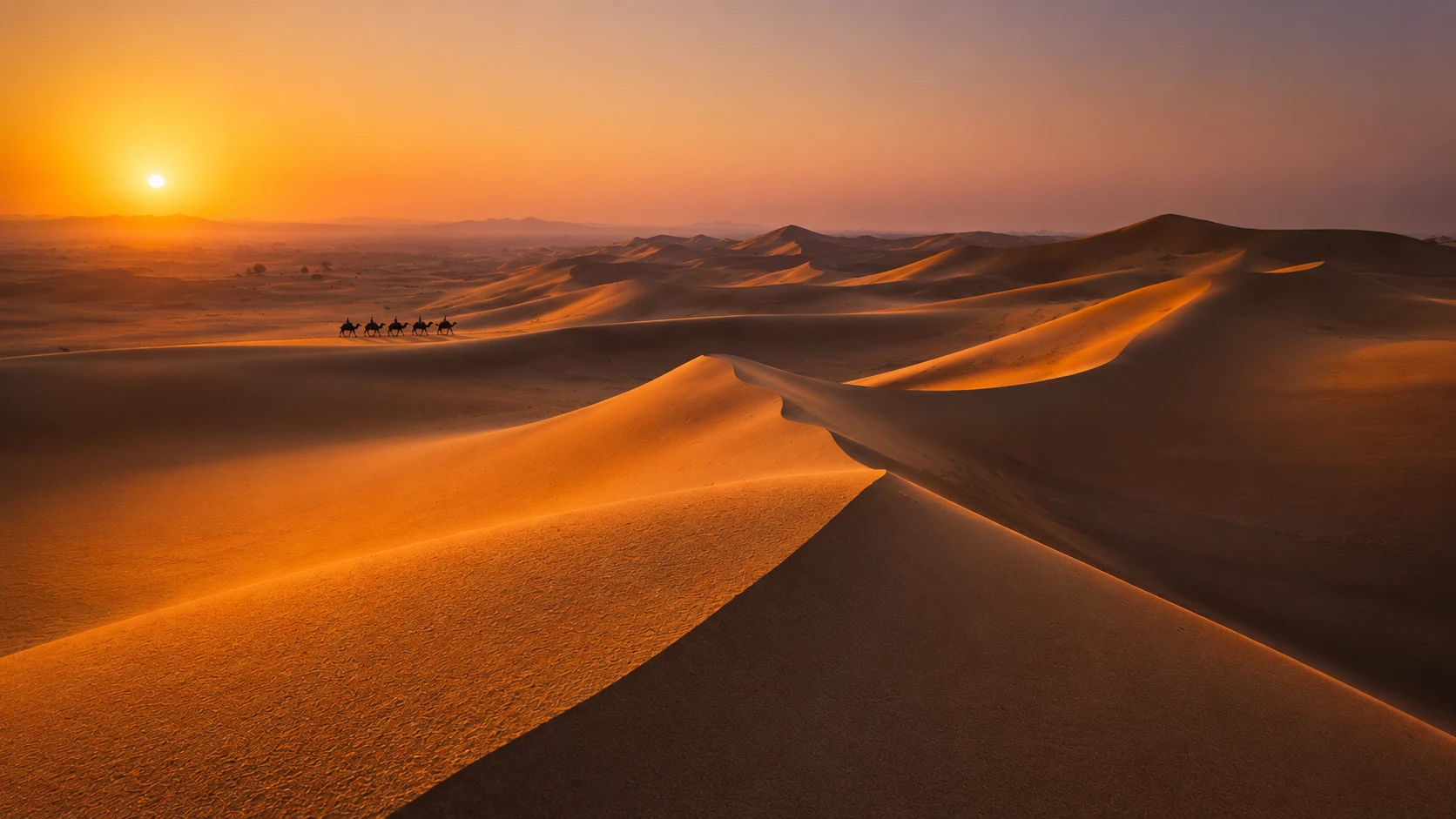 Golden sand dunes at sunrise AI landscape prompt — 4K desert scenery