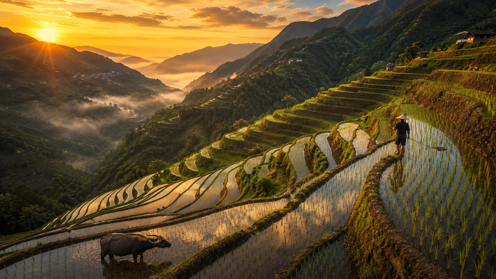 Green rice terraces at sunrise AI landscape prompt — 4K agricultural scenery