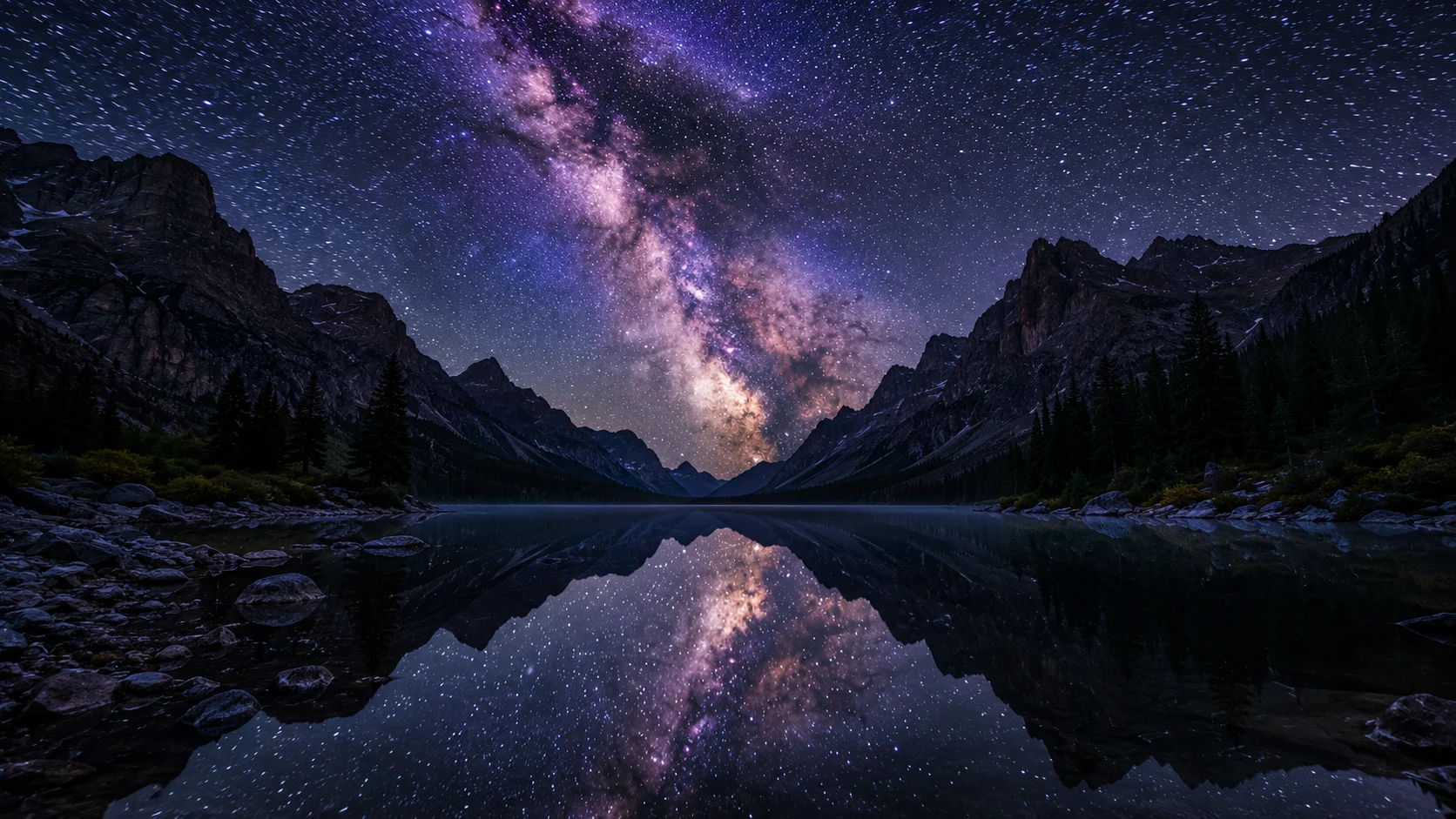Cosmic Milky Way over mountain lake AI landscape prompt — 4K astrophotography scene