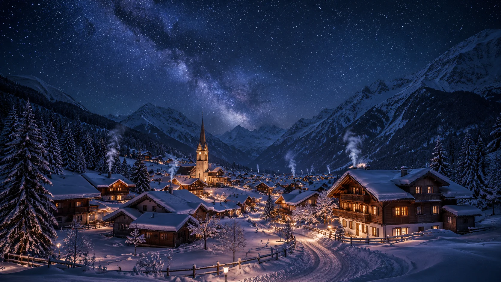 Snowy alpine village at night AI landscape prompt — 4K winter scenery