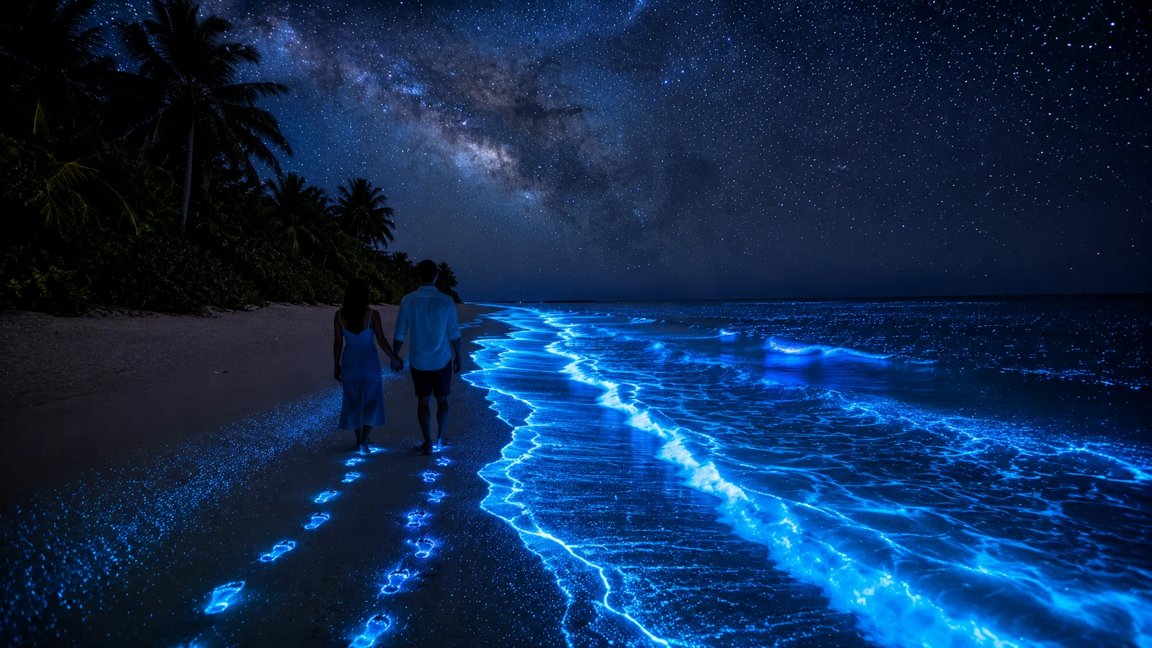 Bioluminescent waves AI nature photography prompt — 4K night ocean scene