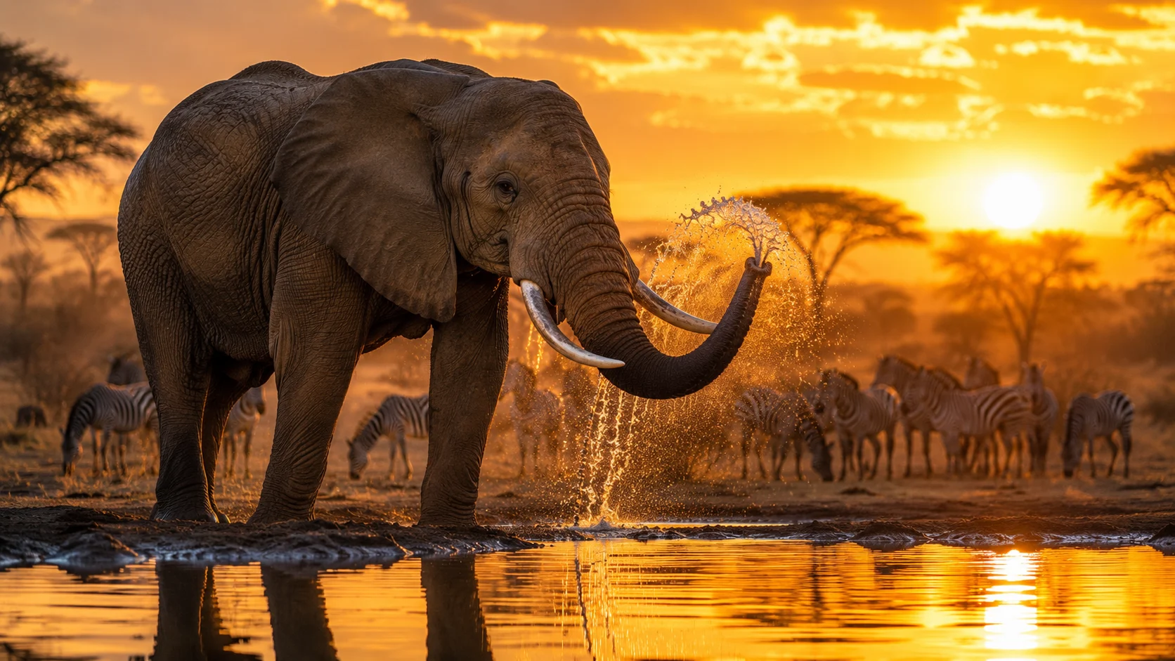 African elephant at watering hole AI nature photography prompt — 4K wildlife scene