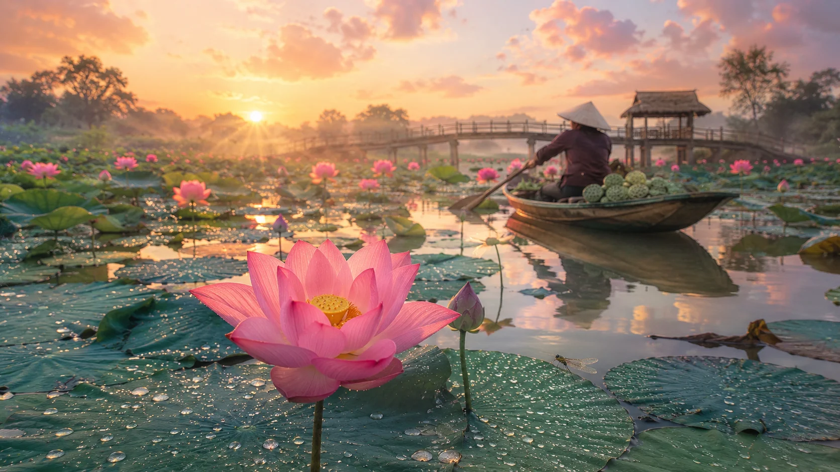 Lotus flower pond AI nature photography prompt — 4K water garden scene
