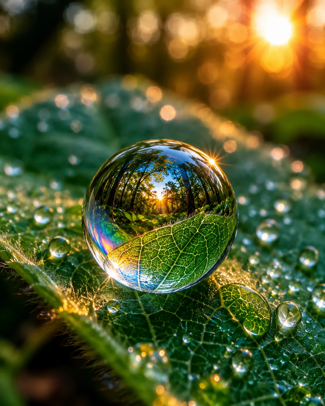 Macro dewdrop on leaf AI nature photography prompt — 4K macro scene