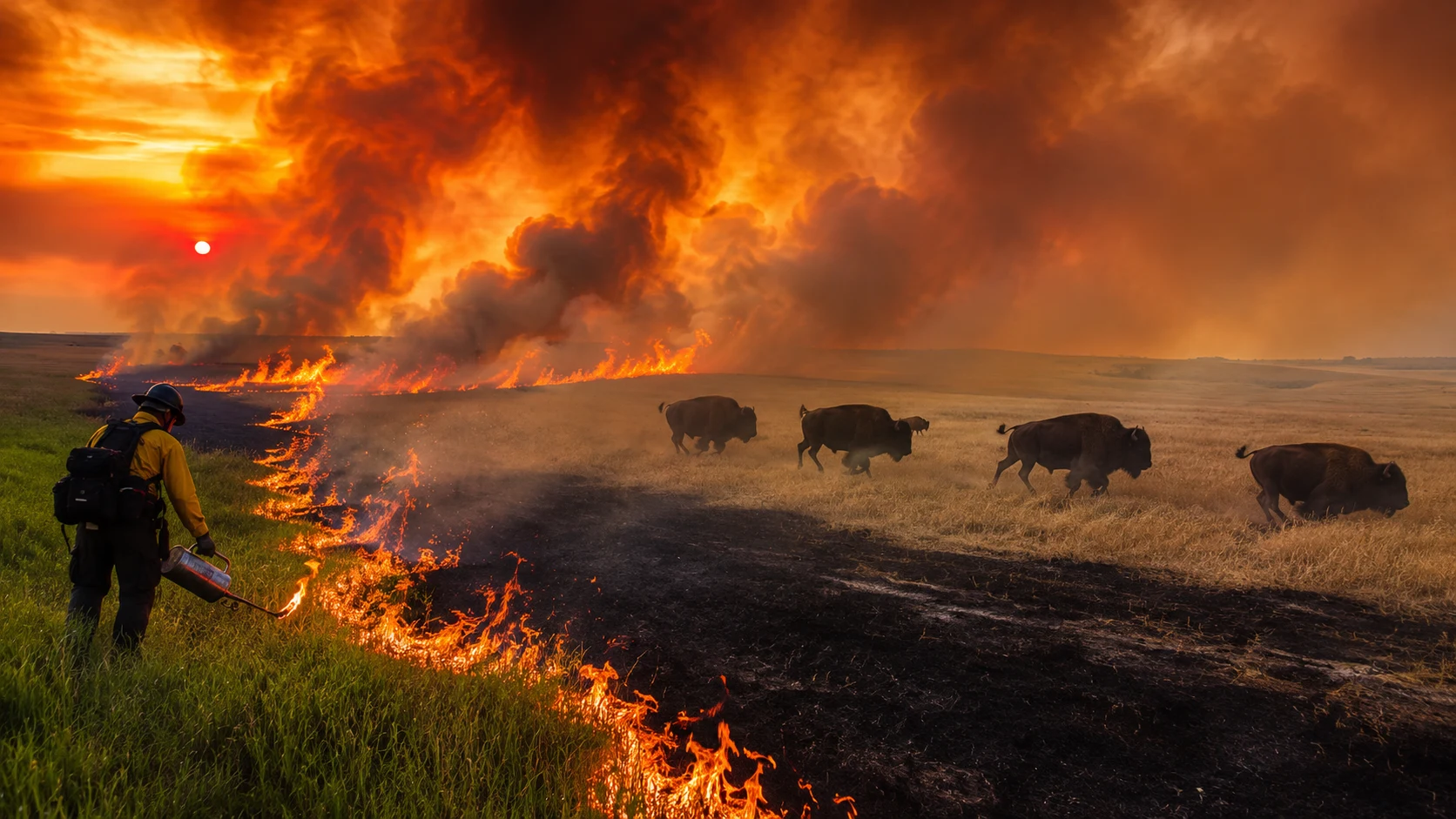 Prairie wildfire AI nature photography prompt — 4K fire scene