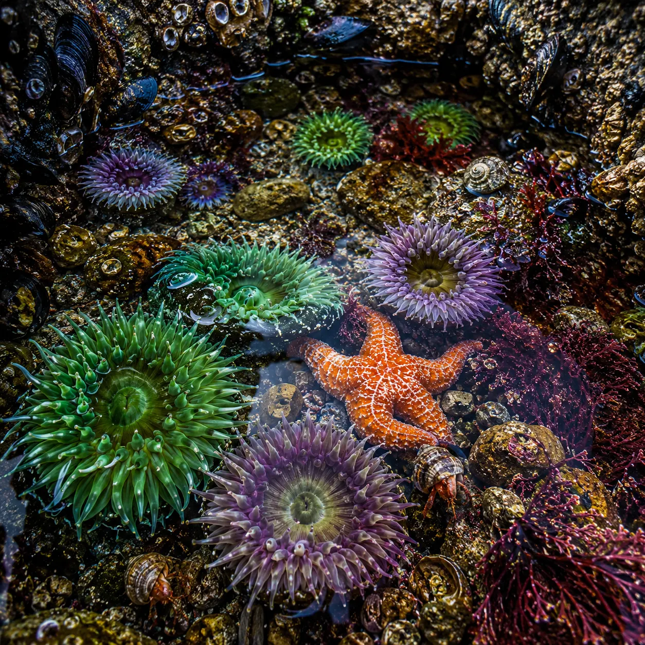 Coastal tide pool macro AI nature photography prompt — 4K marine scene
