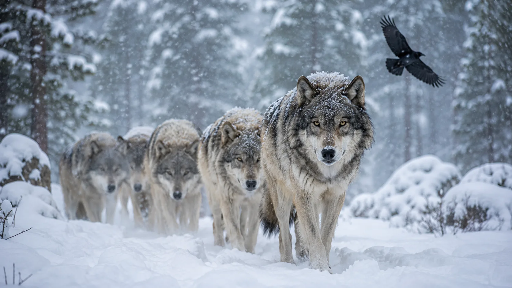 Wolf pack in snow AI nature photography prompt — 4K winter wildlife scene