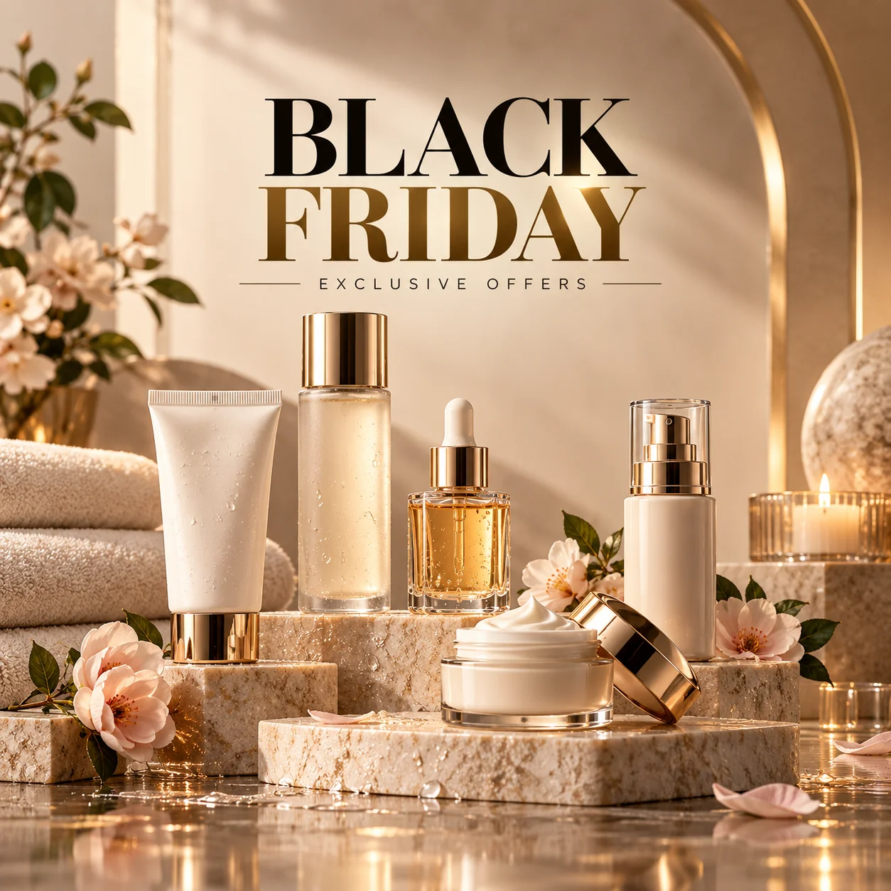 Elegant skincare Black Friday promotional image with serum bottles, moisturizer jars, cream textures, soft beige surfaces, and luxury beauty lighting