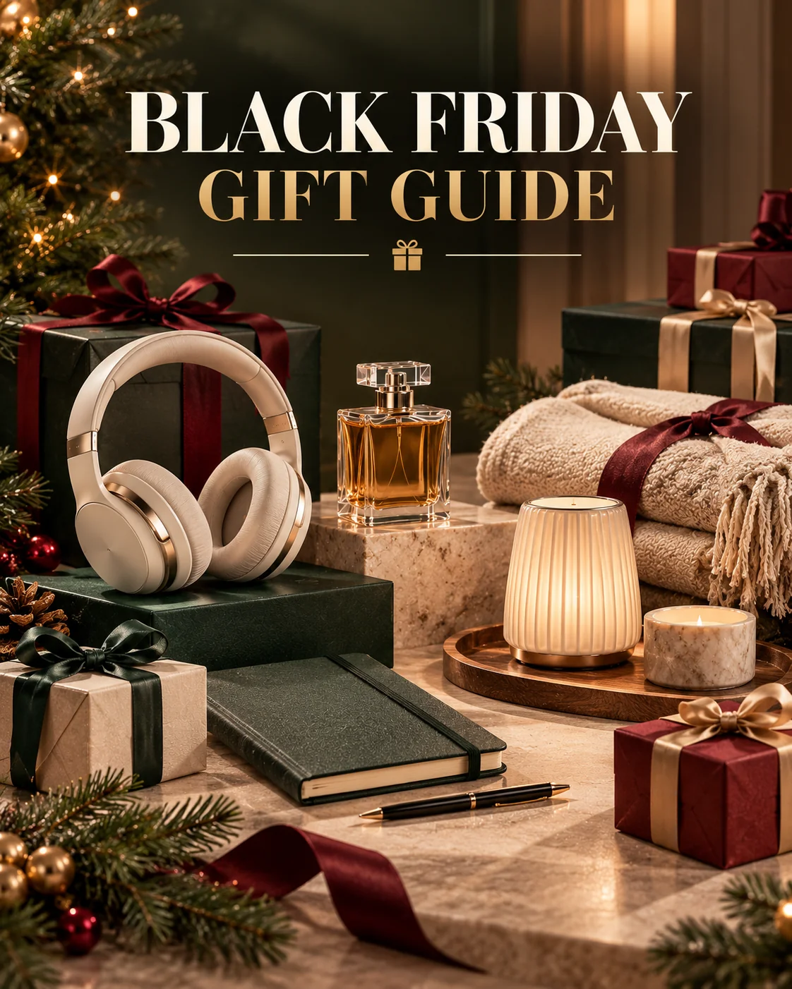 Black Friday gift guide product display featuring wrapped gifts, headphones, a perfume bottle, a cozy blanket, and elegant seasonal packaging